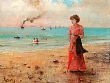 Alfred Stevens Famous Paintings - Jeune femme a l'ombrelle rouge au bord de la mer